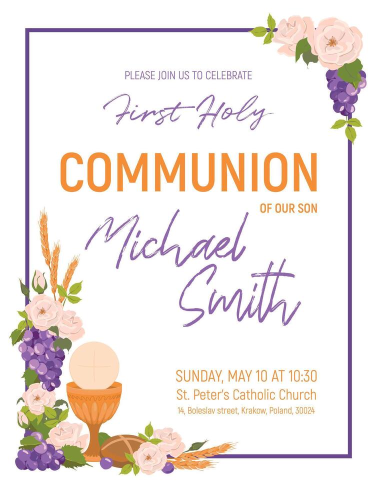 Square frame with first communion symbols. . Composition from a golden bowl for wine, bread, wine, grapes, white roses. vector