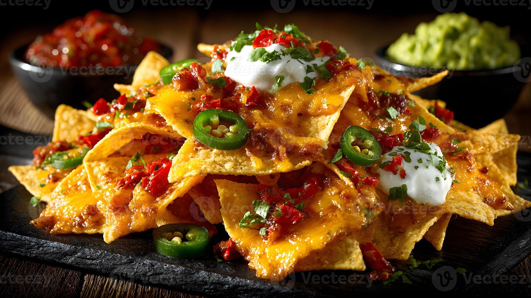 Delicious Spicy Nachos with Cheese Jalapenos and Sour Cream photo