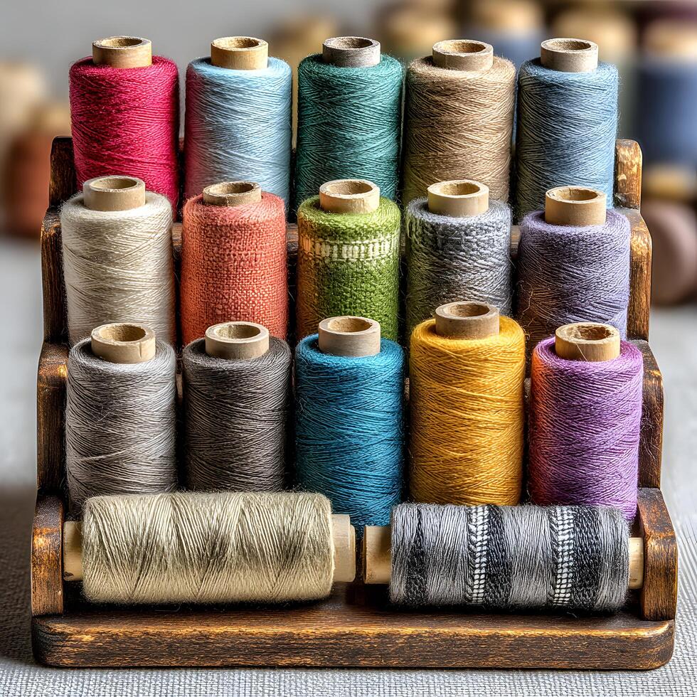 Colorful Spools of Thread in Wooden Organizer Craft Supplies Sewing Kit Artisan Textiles photo