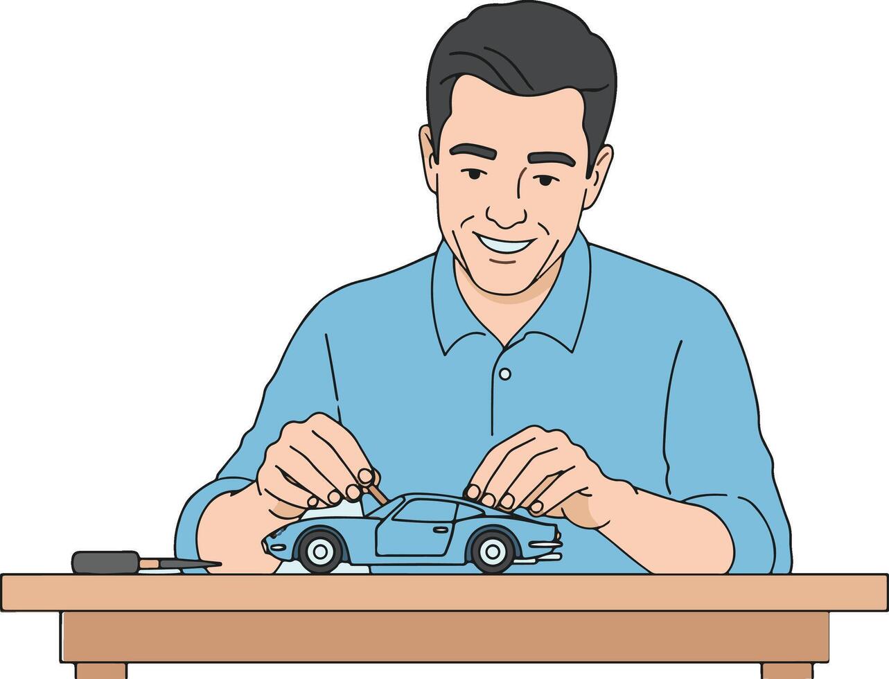 A man is working on a toy car vector
