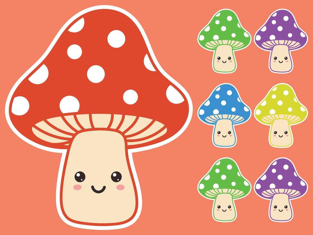 Cute Mushroom Sticker Set - Whimsical Cartoon Fungi with Clouds and Smiley Faces vector