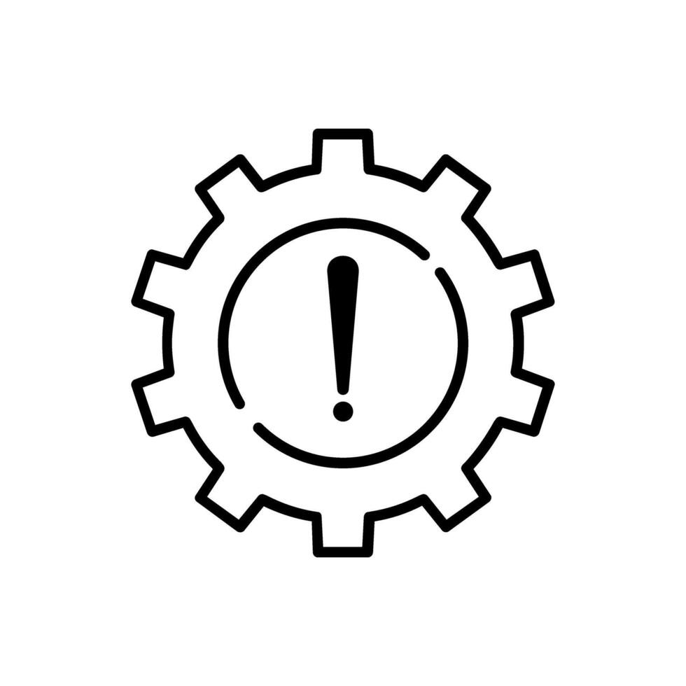 Gear icon with failure sign illustration, warning sign with cog wheel, setting icon, thin line failure icon with broken operational process sign, concept of repair, maintenance symbol . vector