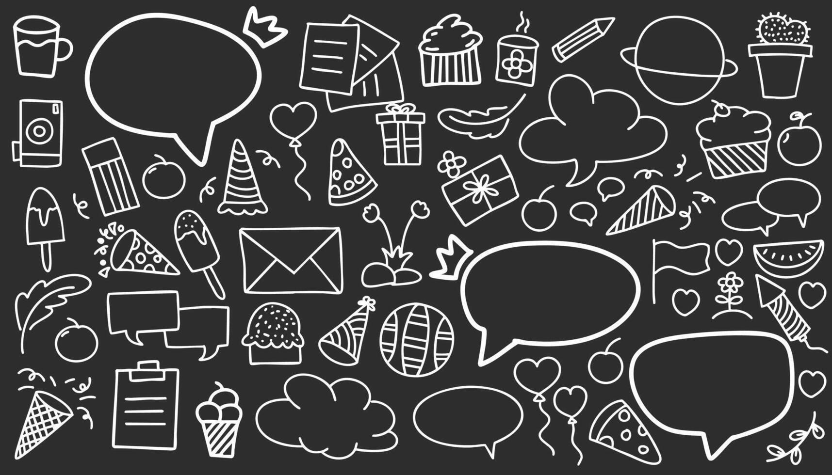 Simple sketch line style elements. Doodle cute pen line elements isolated on black and white landscapes background. Doodle heart, bubble, decoration symbol, white icon set. Vectors illustration.