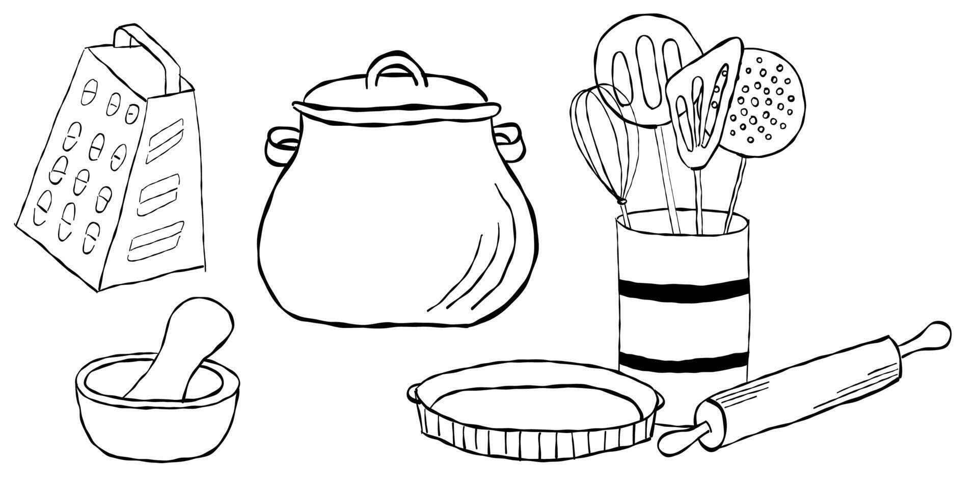 Cooking tools set with grater pot spatula stand rolling pin and baking dish vector