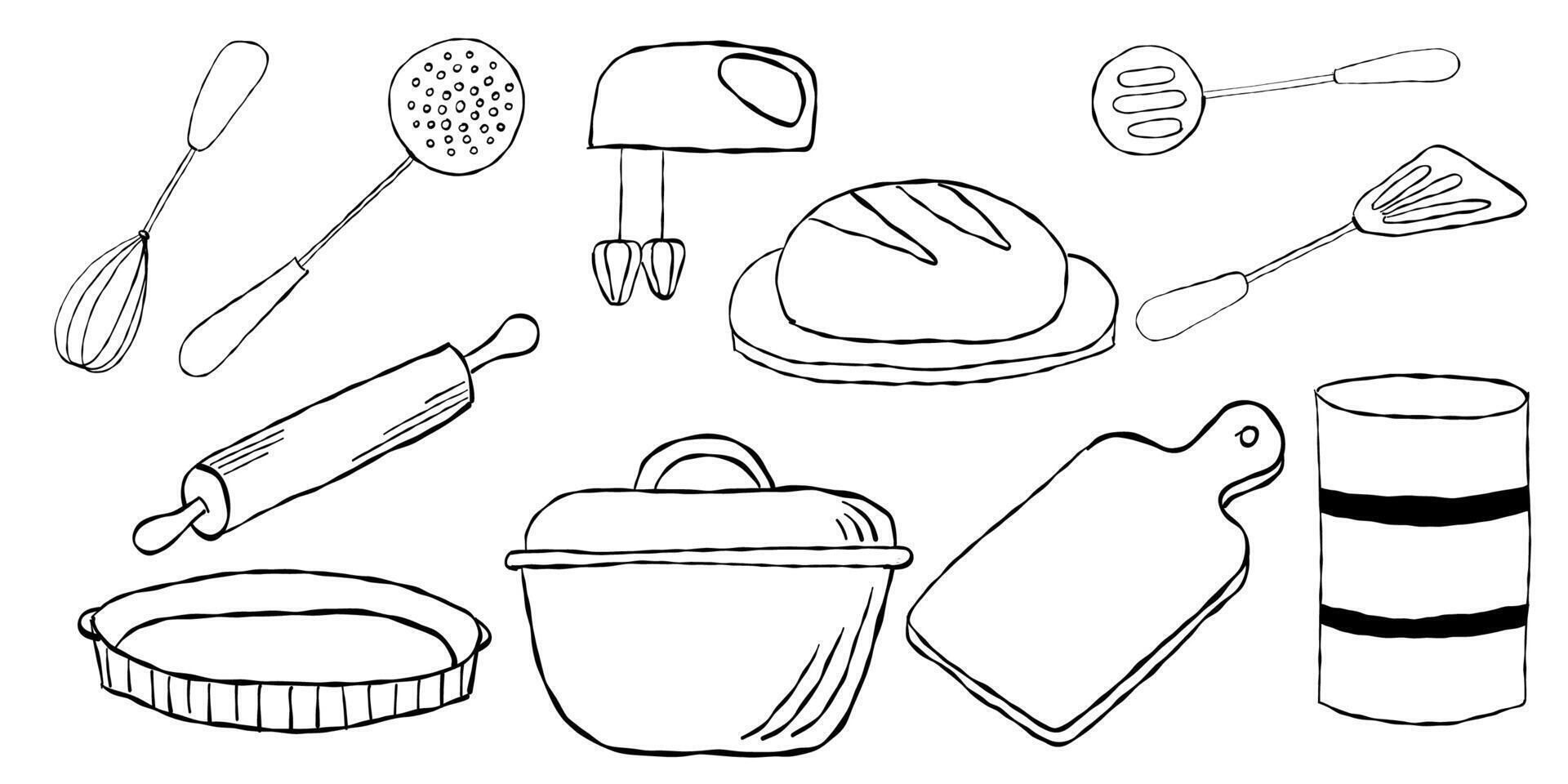 Kitchen utensil set with whisks spatulas rolling pin dutch oven mixer and baking tools vector