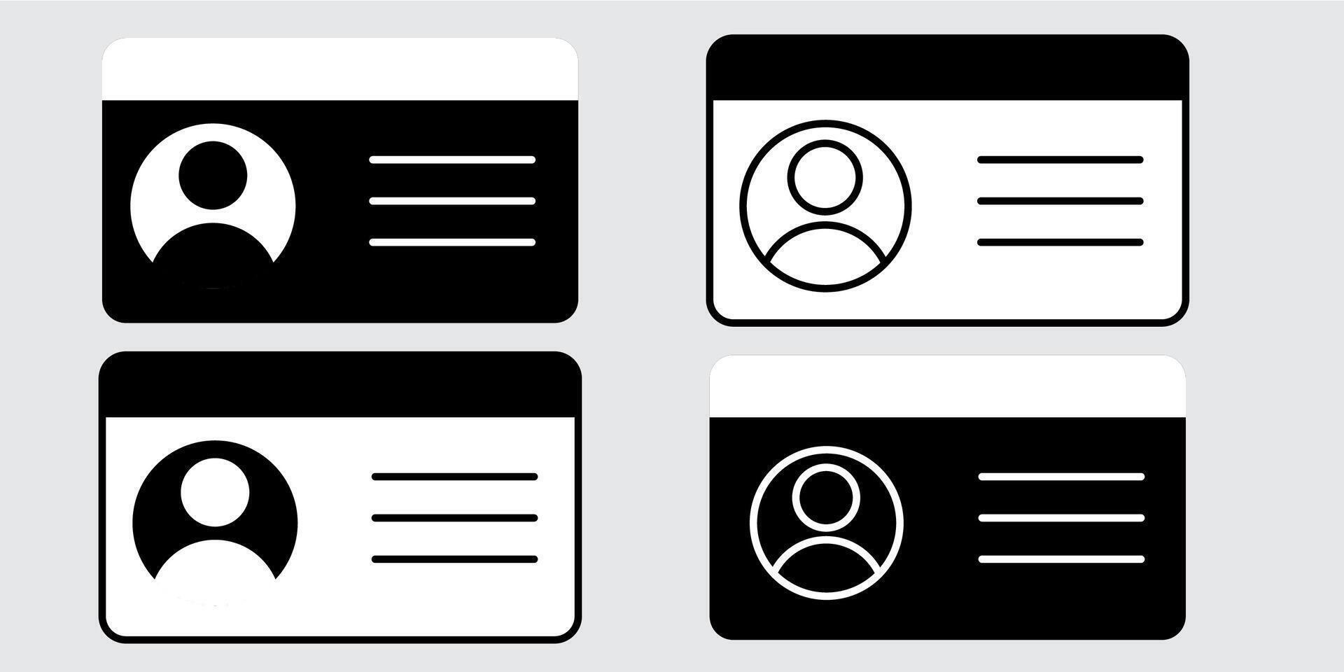 Black and white identification card and driver licence icons set perfect for government forms identity verification UI kits and personal document graphics vector