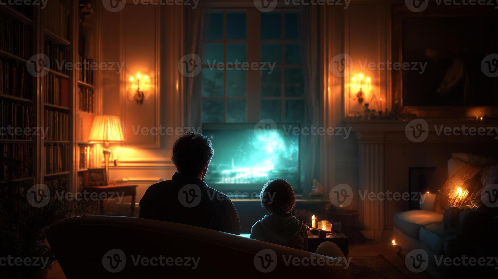 Family bonding in a cozy living room while watching a captivating movie at night photo