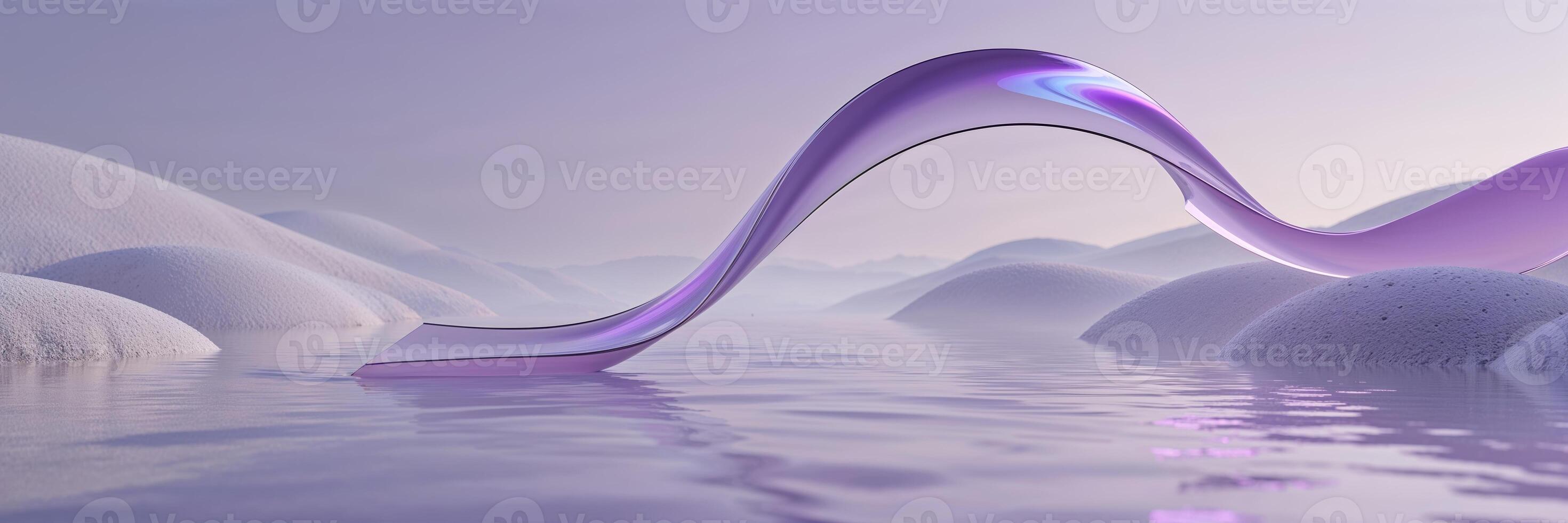 Wavy purple structure rises from calm water during twilight over soft, rounded hills in a serene landscape setting photo