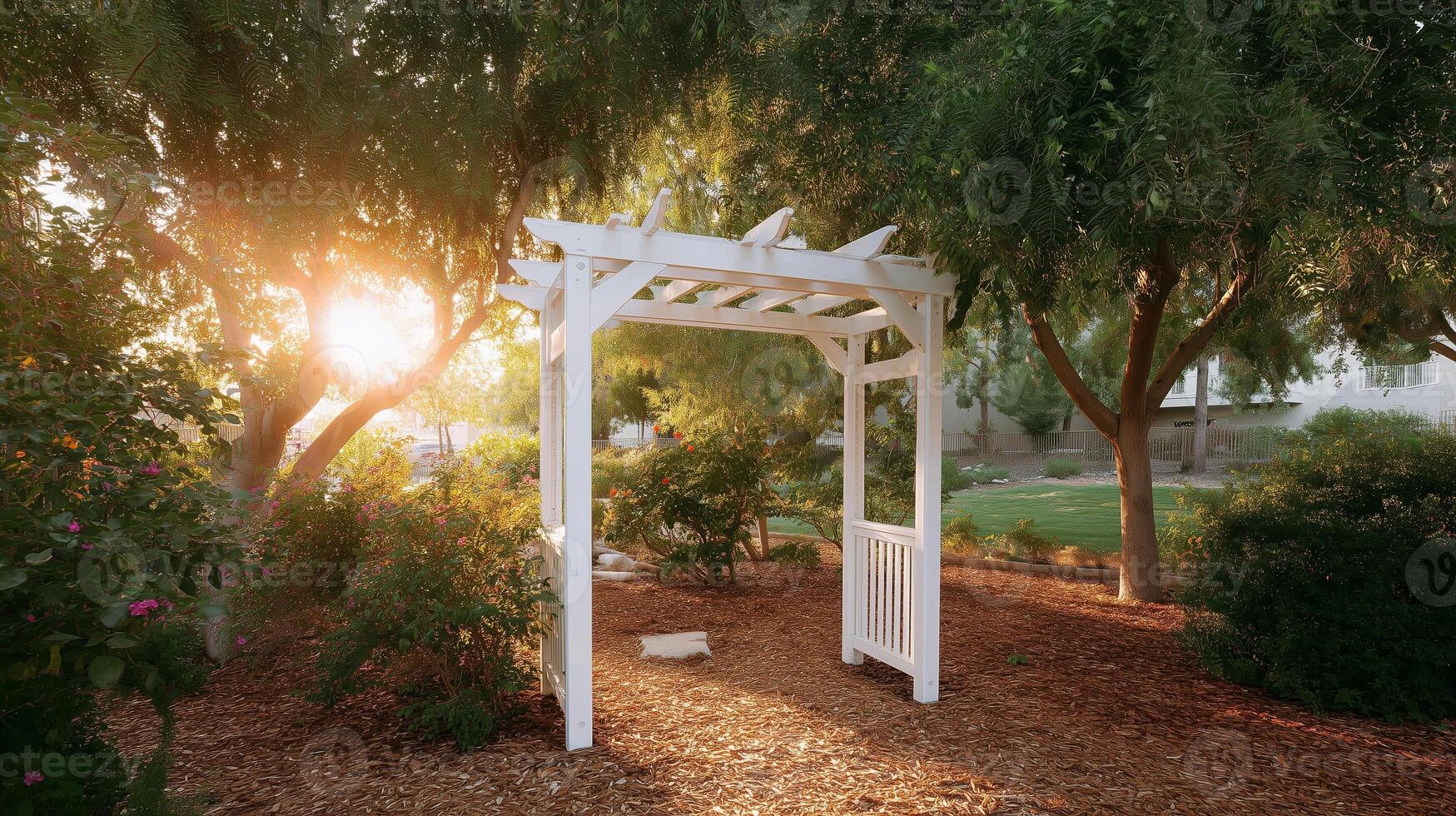 Wooden archway in a serene park at sunset, surrounded by trees and vibrant bushes photo
