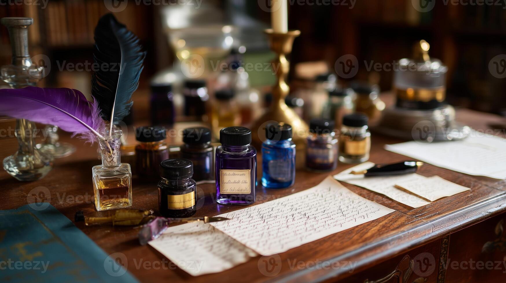 Numerous glass jars of ink, feathers, and parchment on an antique desk in a cozy library setting photo