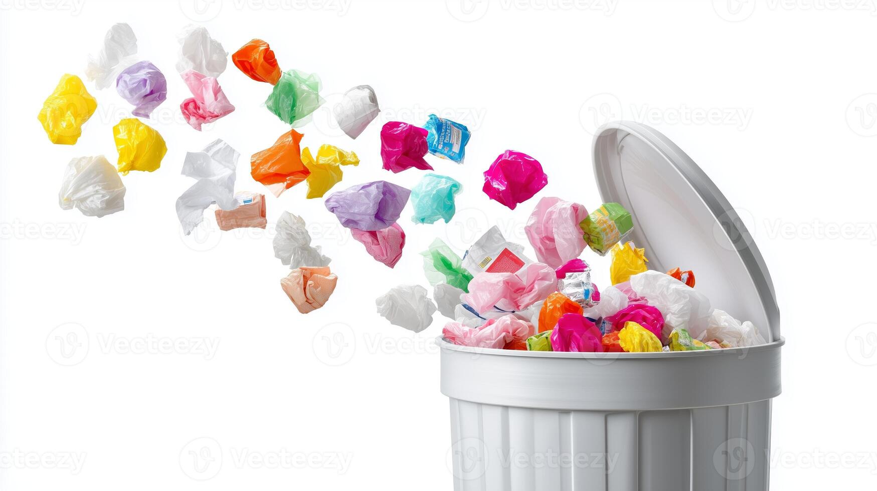 Trash bin overflowing with colorful waste as crumpled paper and wrappers are tossed inside photo