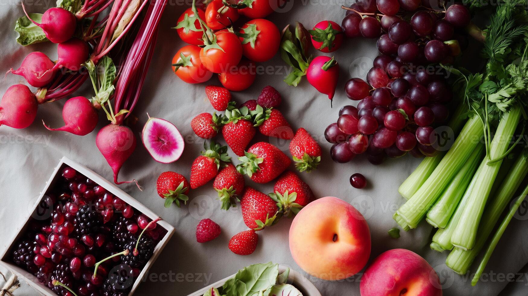 Fresh variety of colorful fruits and vegetables arranged on a gray surface in a vibrant display during daylight photo