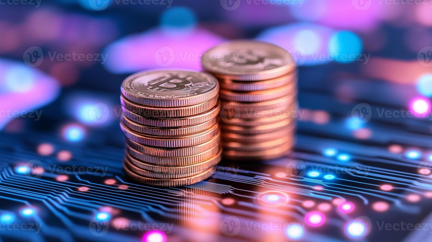 Bitcoin coins stacked on a circuit board with colorful lights in the background showcasing digital currency technology photo