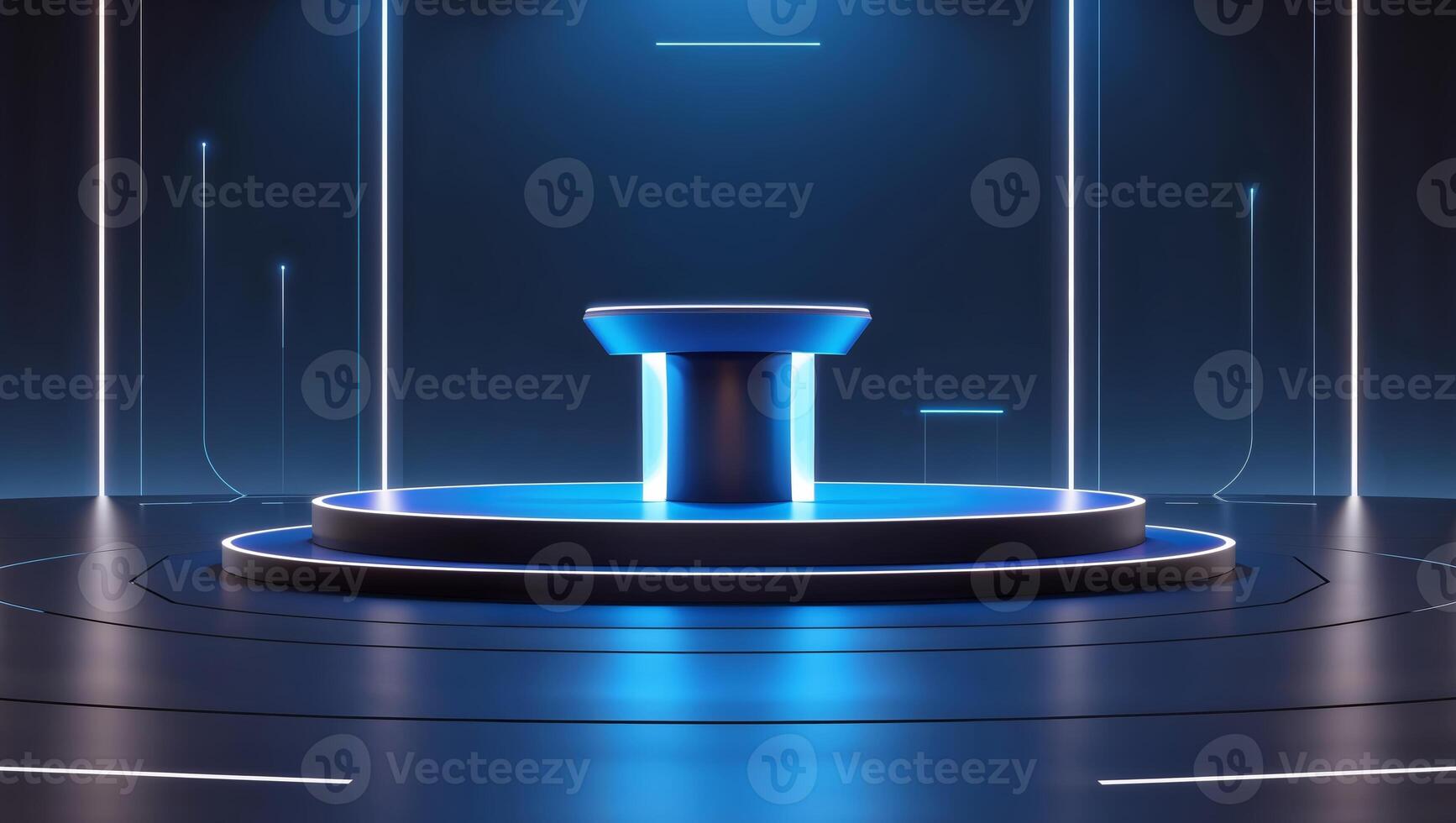 Modern stage setup with blue lighting and circular platform for an event or presentation at night photo