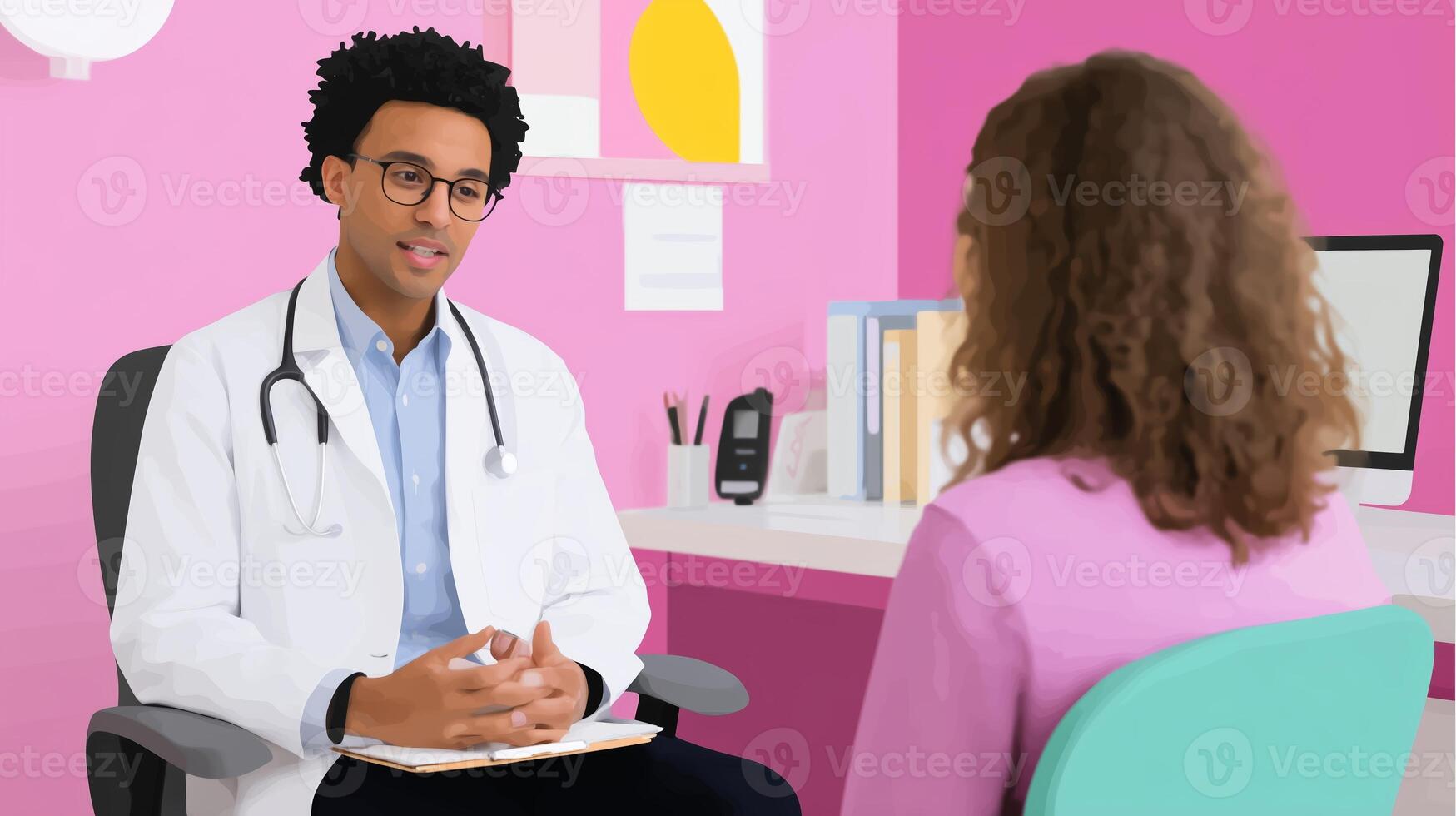 Doctor consulting with patient in a bright, modern office during a health check-up photo