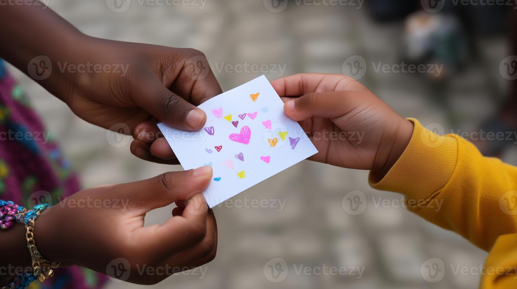 Two hands exchanging a colorful card with hearts and shapes in a vibrant community setting photo