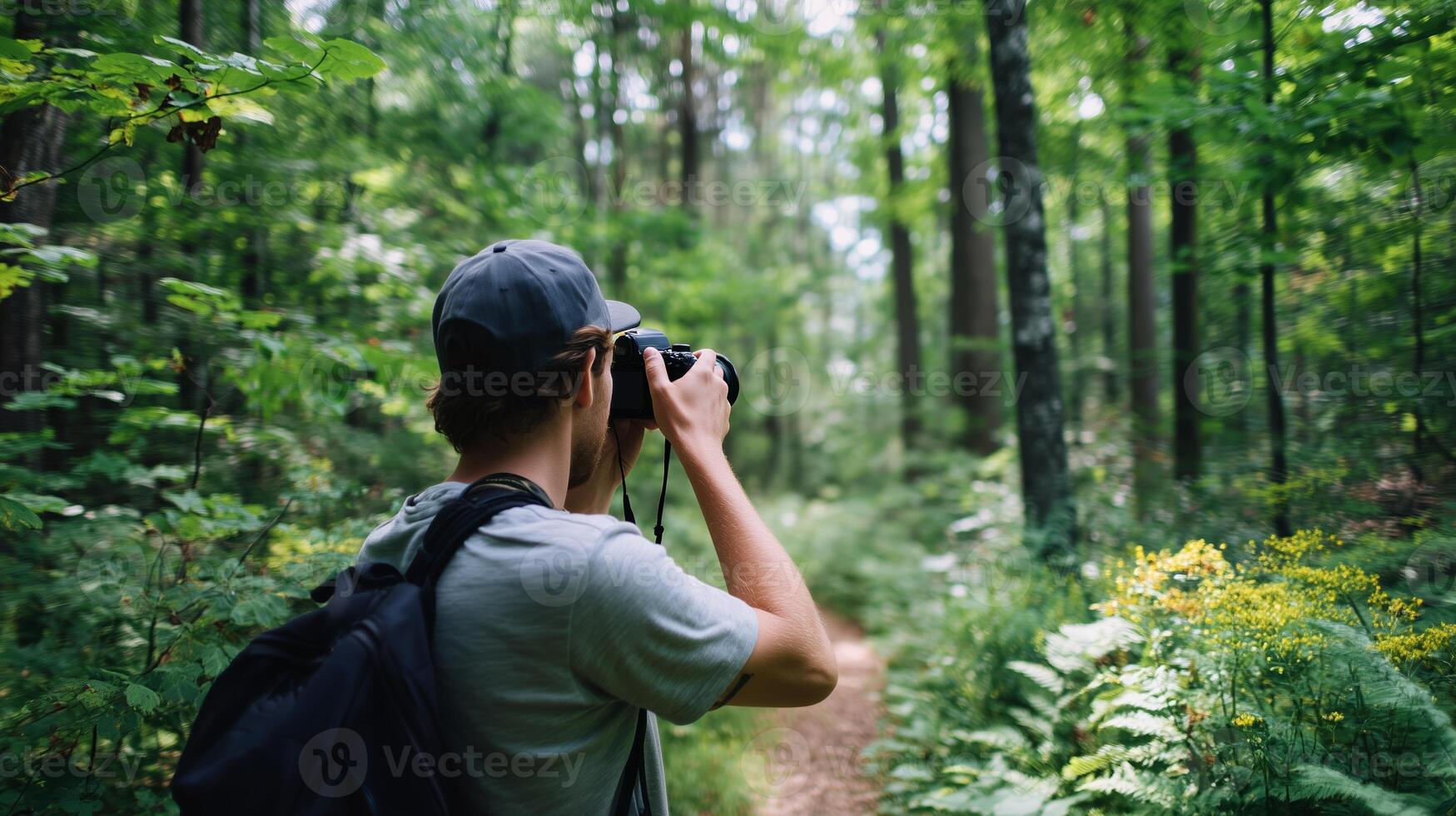 Nature enthusiast captures the beauty of the forest while walking along a serene trail on a sunny day photo