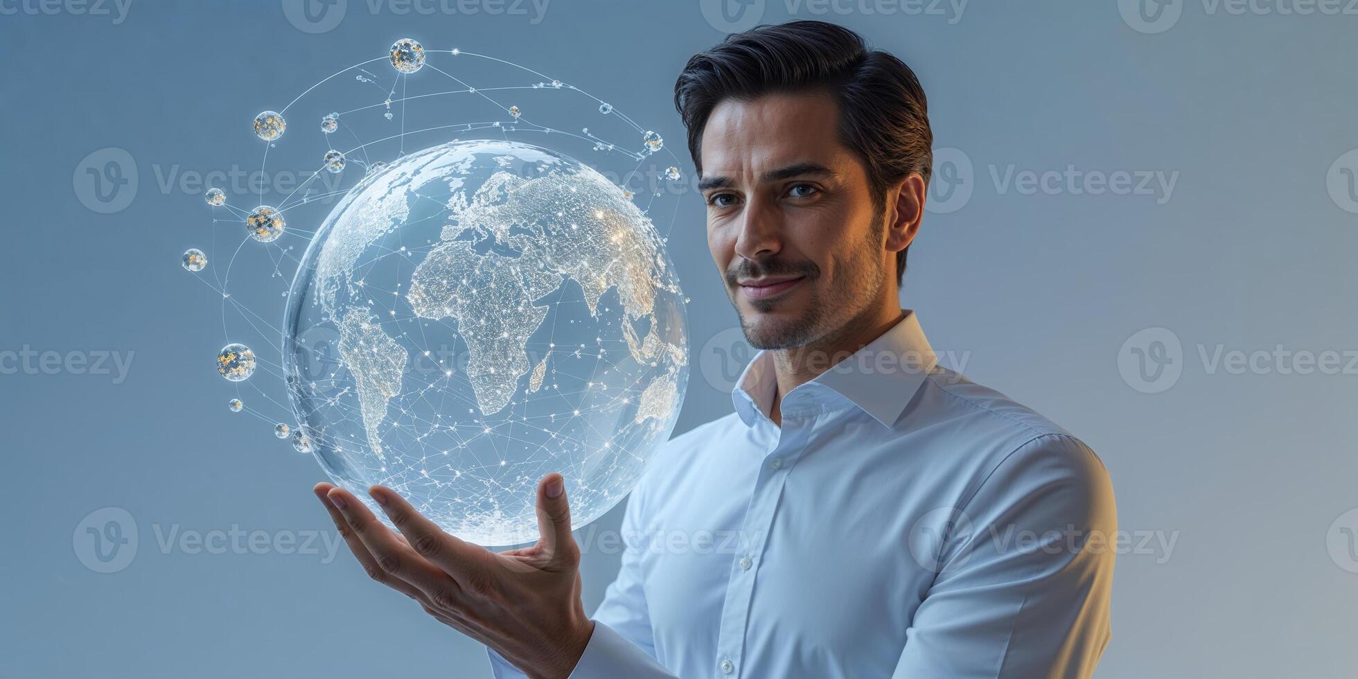 Man holds glowing globe representing connection and technology in a modern office environment photo