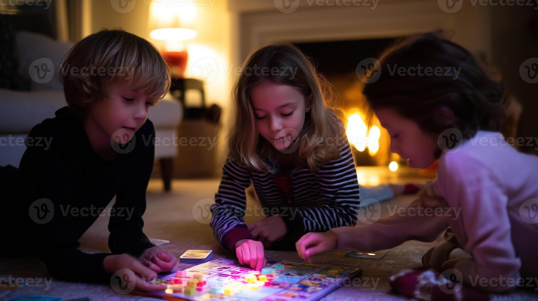 Children enjoying a board game together by the fireplace during a cozy evening photo