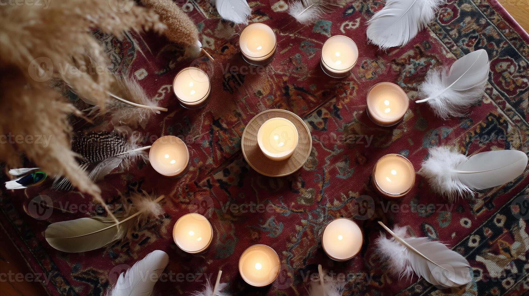 Ceremony with candles and feathers arranged on a decorative rug during an evening gathering photo