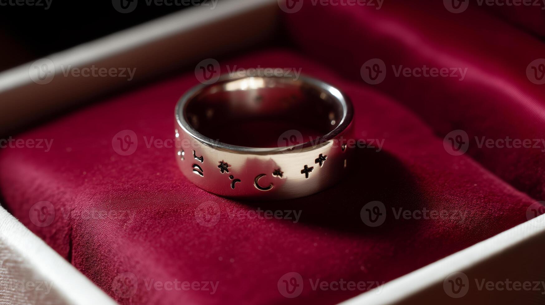 Silver ring with intricate designs displayed on a red velvet cushion in a soft light setting photo
