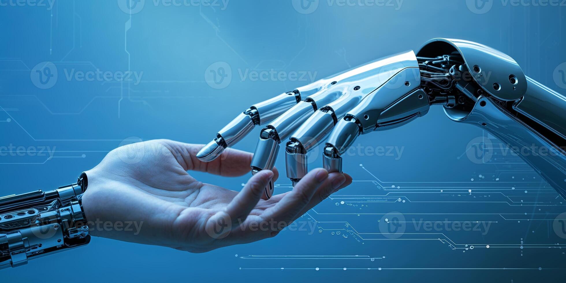 Human and robotic hands connect in a display of technology and humanity during a futuristic interaction photo
