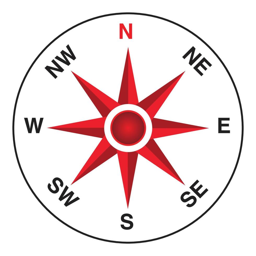 Compass icon with red arrows on white background vector