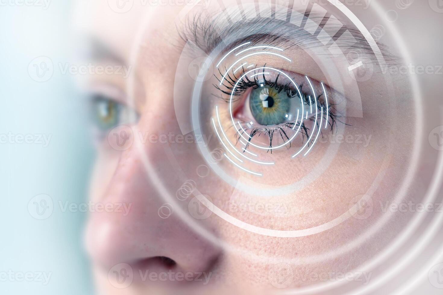 Close up of a person's eye with advanced biometric technology on display in a futuristic setting photo