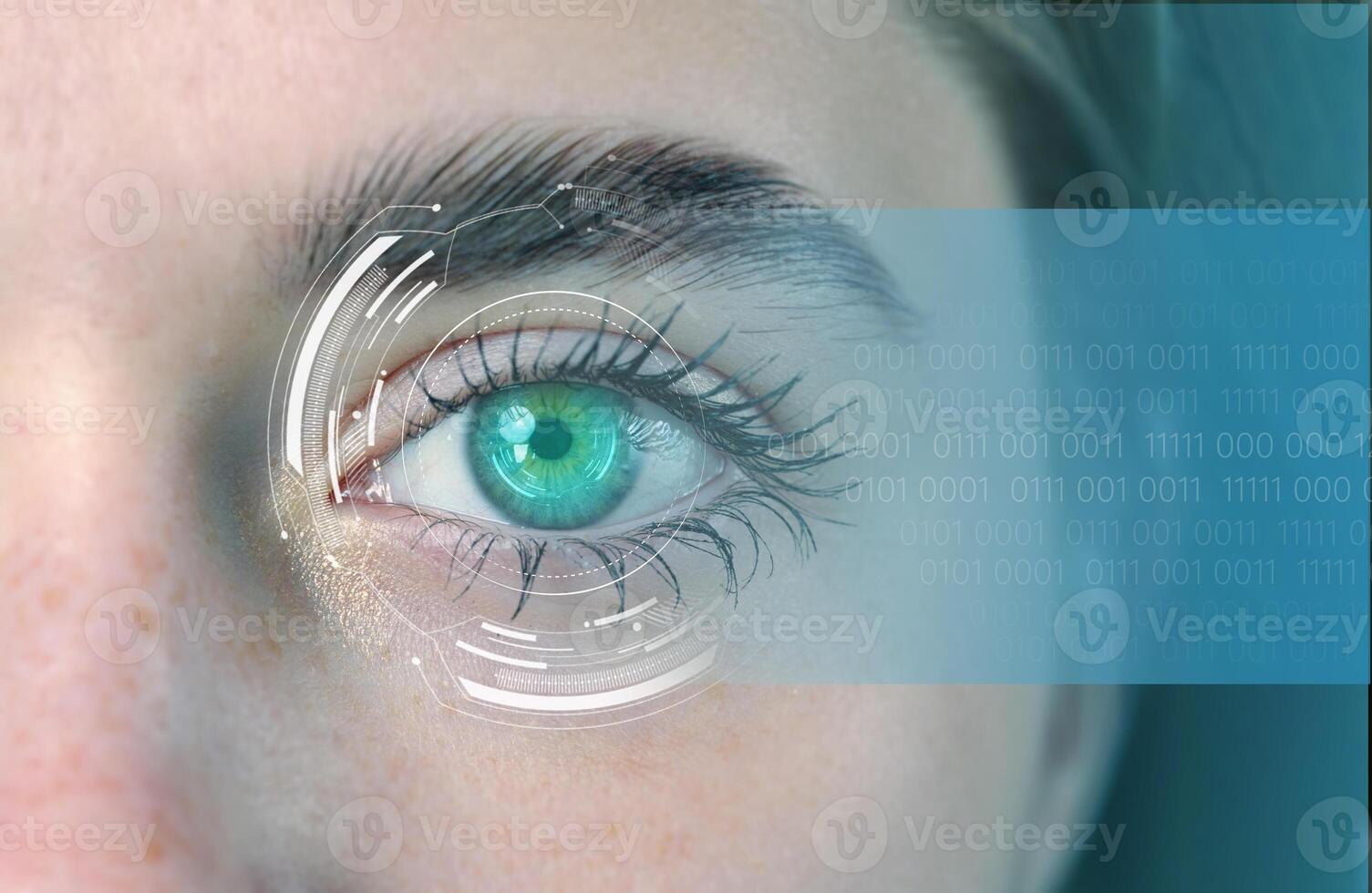 Close-up of a human eye with digital overlays showing biometric data and futuristic elements in a technology setting photo