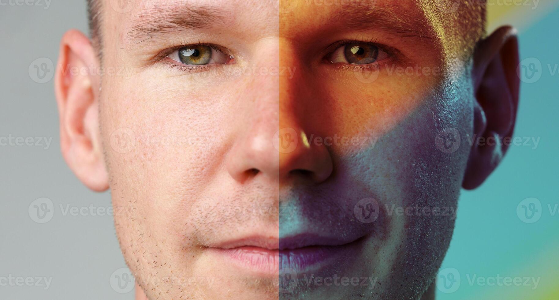 Portrait showcasing split facial features with contrasting lighting in a creative studio environment highlighting personal expression and identity photo