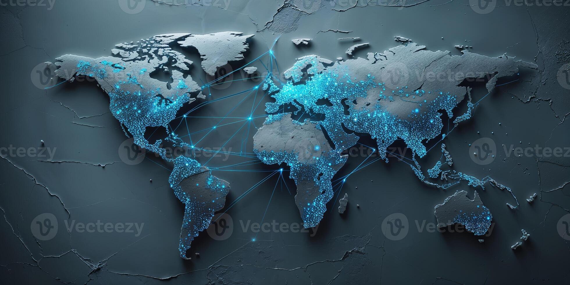 Global connectivity represented through illuminated map design showcasing data flow across continents photo
