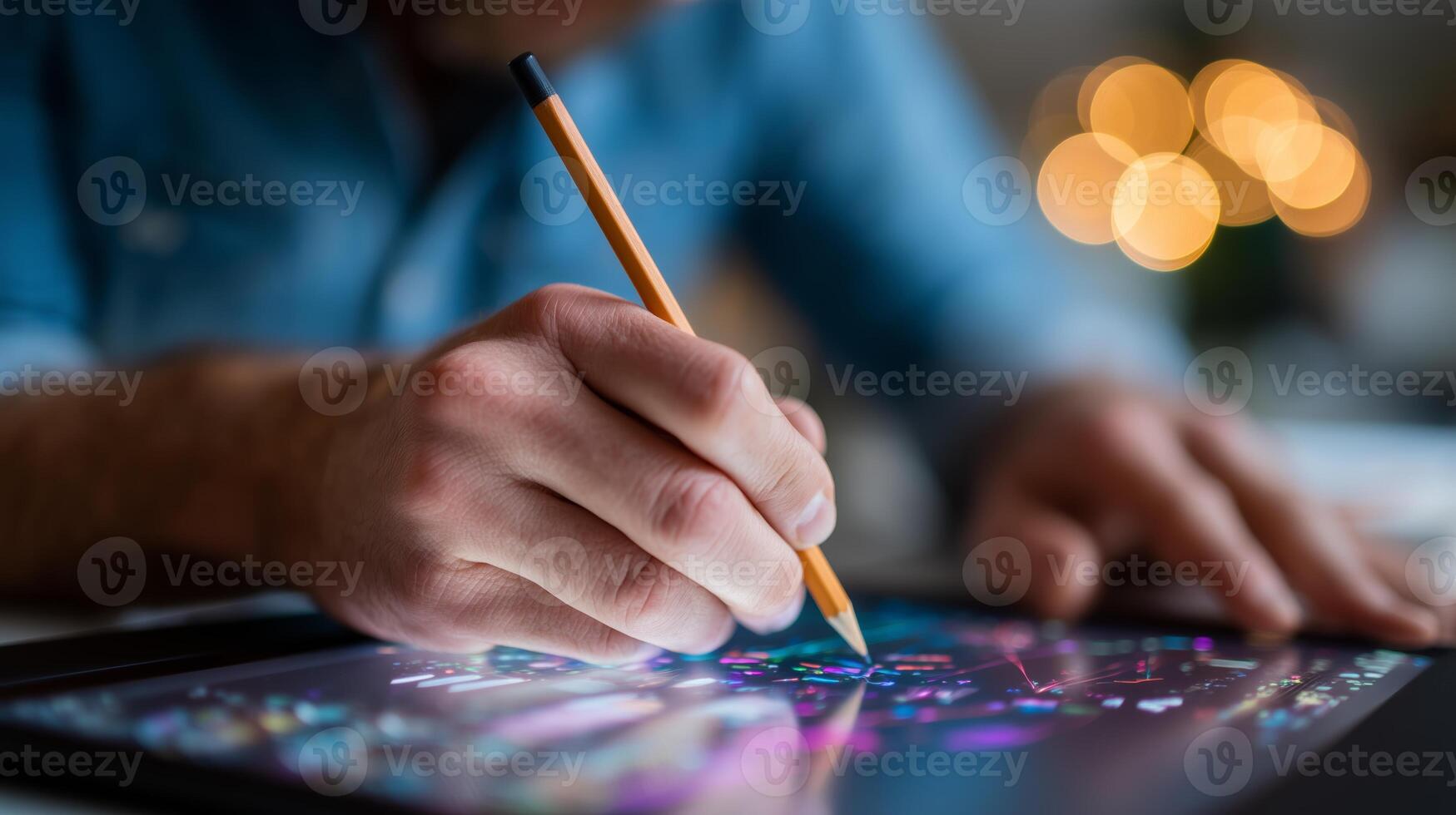 Creating digital art with a stylus on a tablet during an evening session at home photo