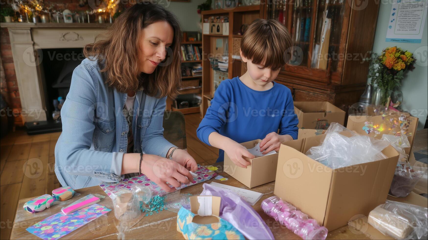 Crafting session between mother and son at home on a weekend afternoon photo