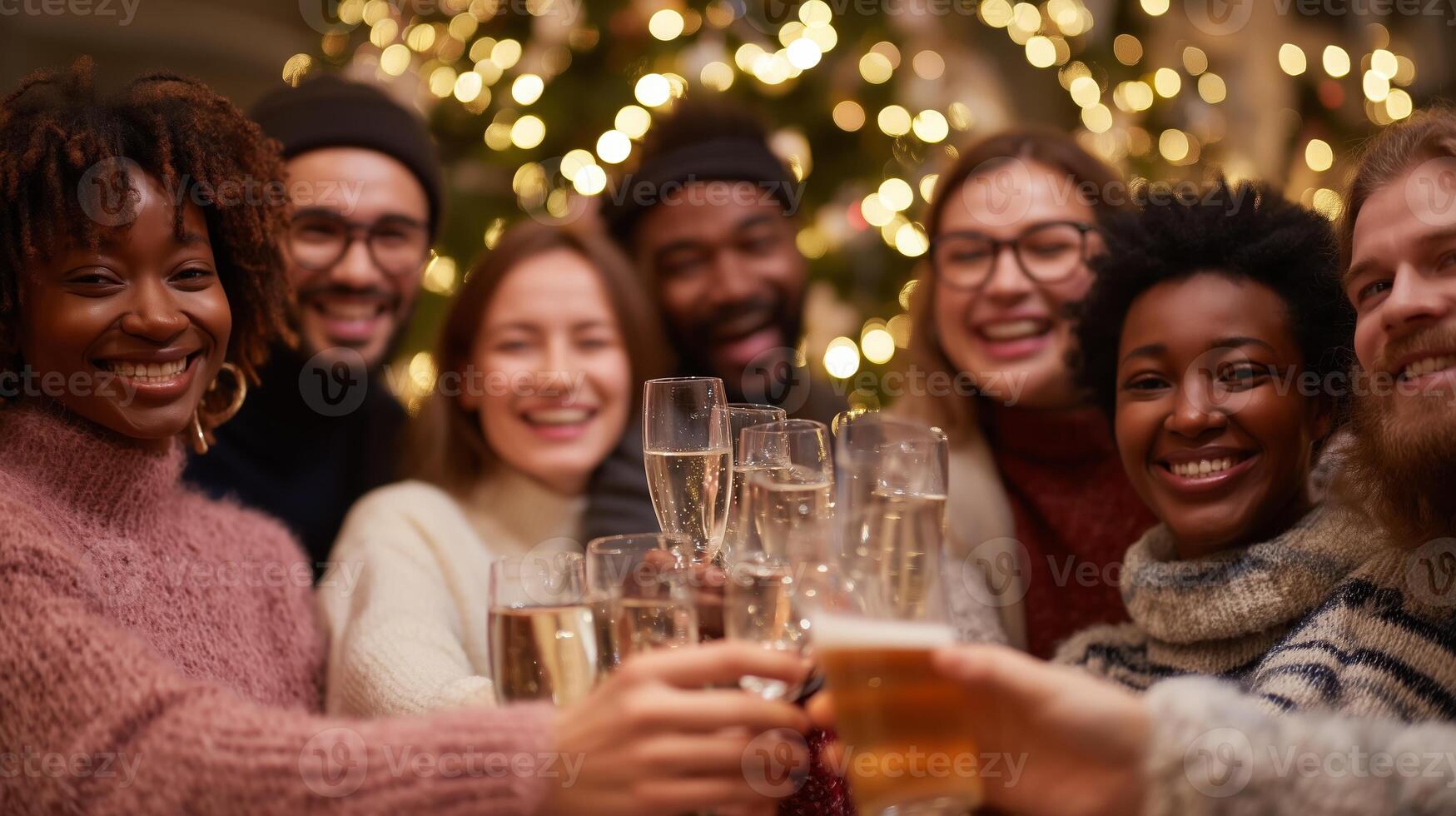 Friends celebrate together during a festive gathering in front of a beautifully decorated Christmas tree in the evening photo