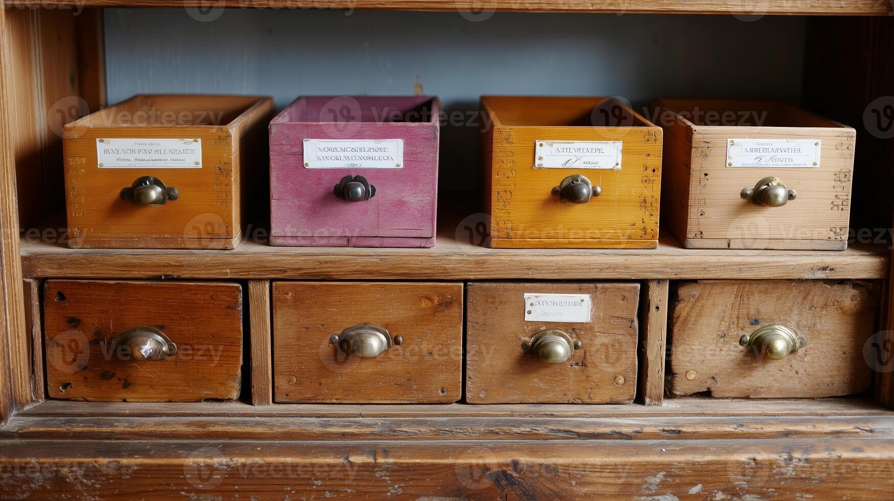 Colorful wooden drawers arranged on a rustic shelf with labeled compartments in an antique setting photo