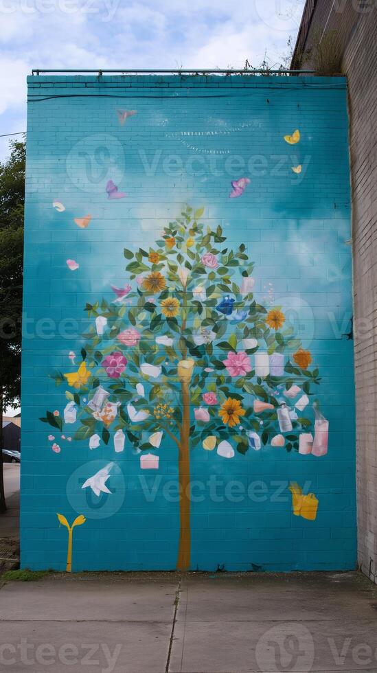 Vibrant mural depicting a flourishing tree adorned with flowers and butterflies in an urban setting photo
