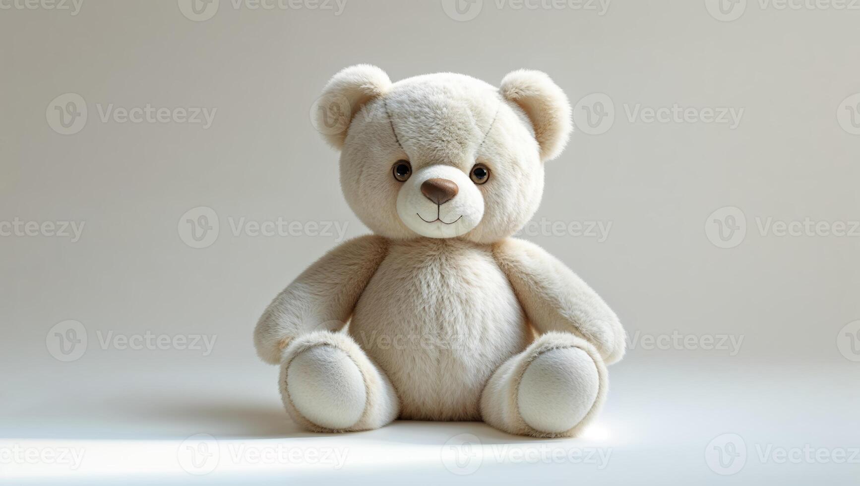 Soft teddy bear sitting on a plain surface, showcasing its plush texture and endearing features in a warm, inviting setting photo