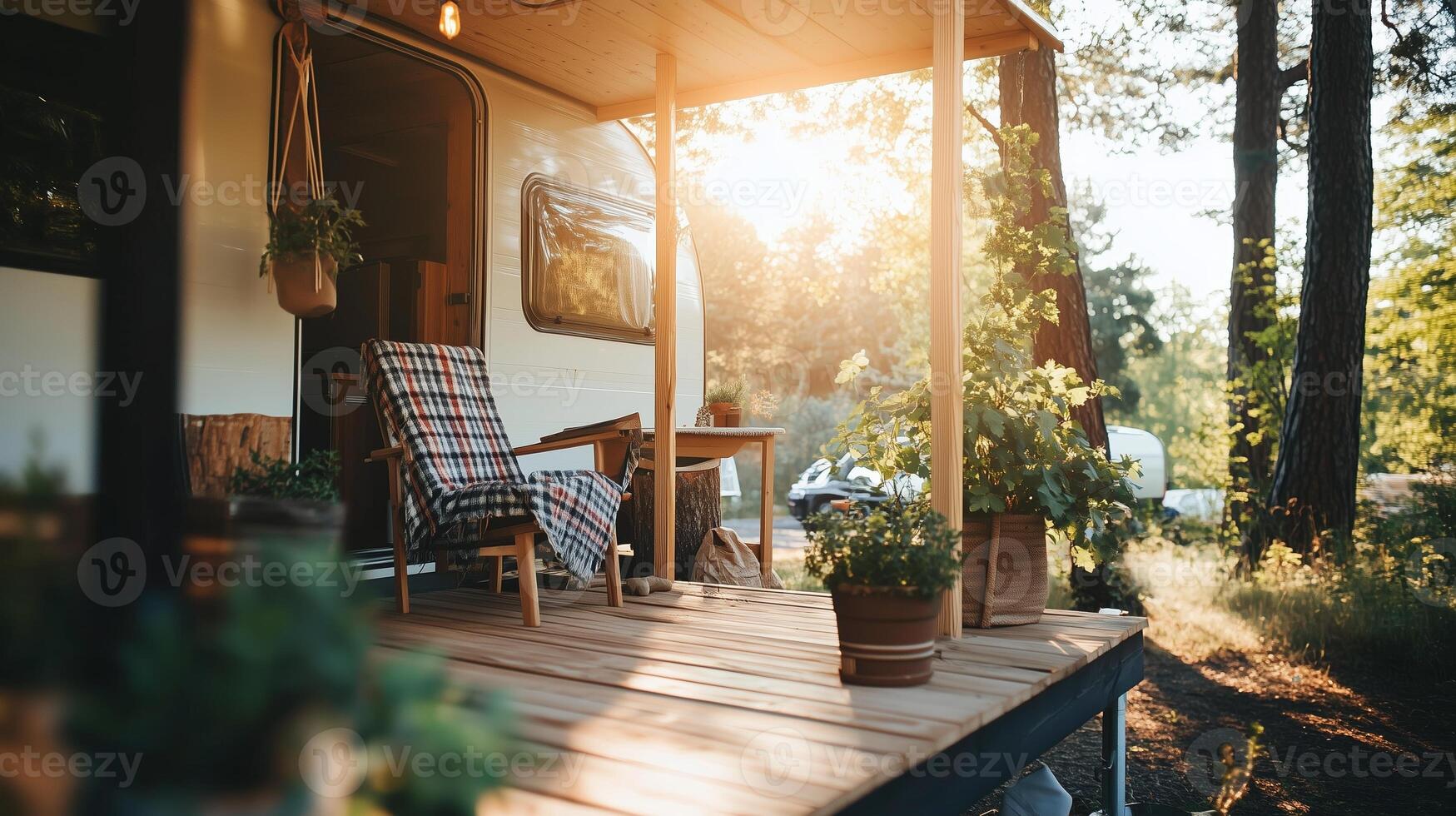 Cozy outdoor setting with a chair and plants on a camper porch during sunset in a forest photo
