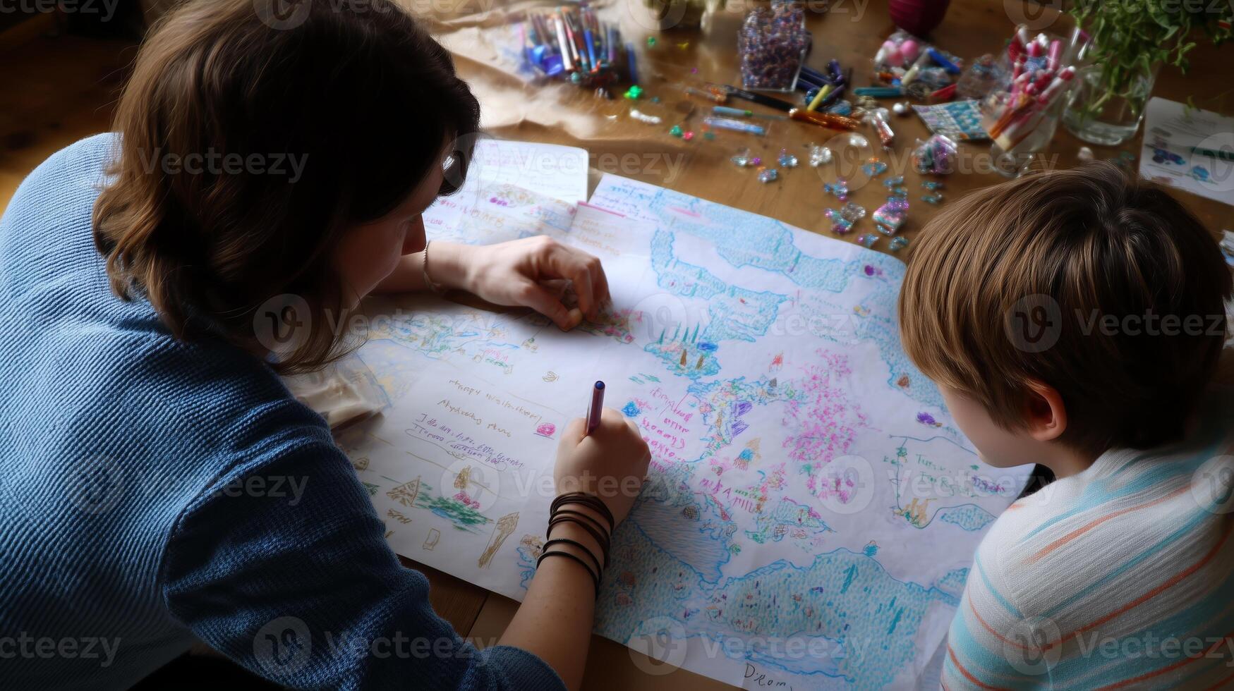Creative activities unfold in a cozy indoor space as a mother and child explore art together while drawing on a large map photo
