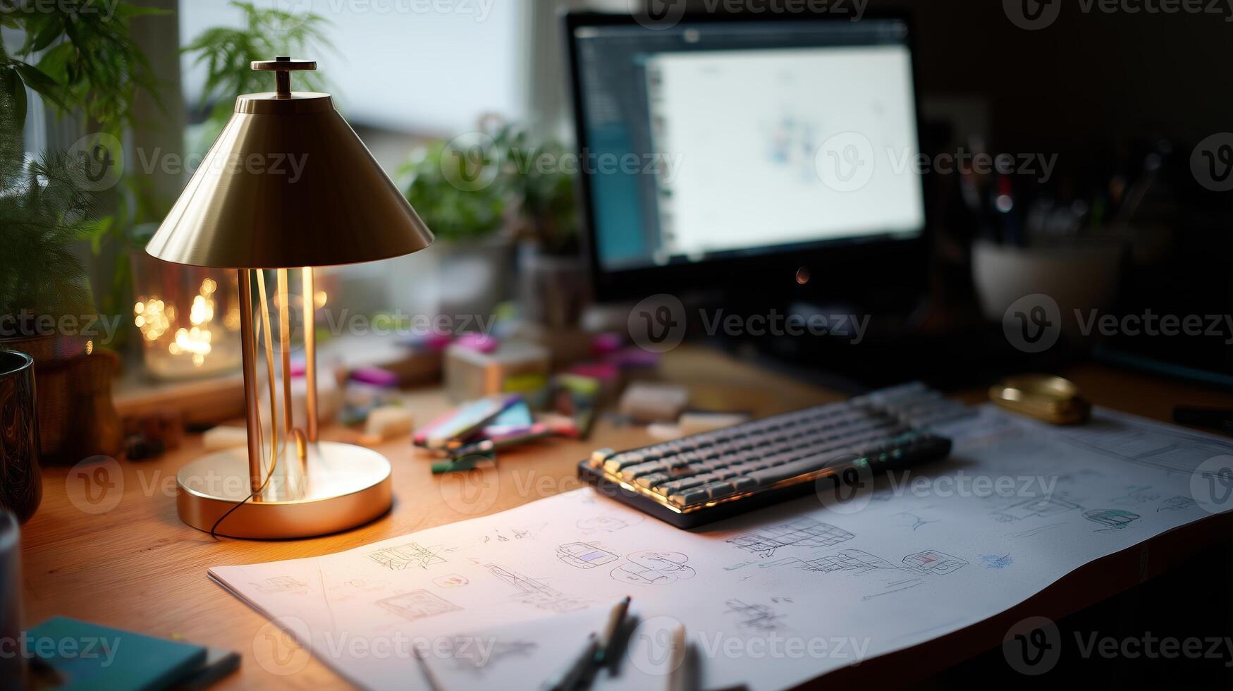 Creative workspace with sketches and modern desk lamp during evening hours photo