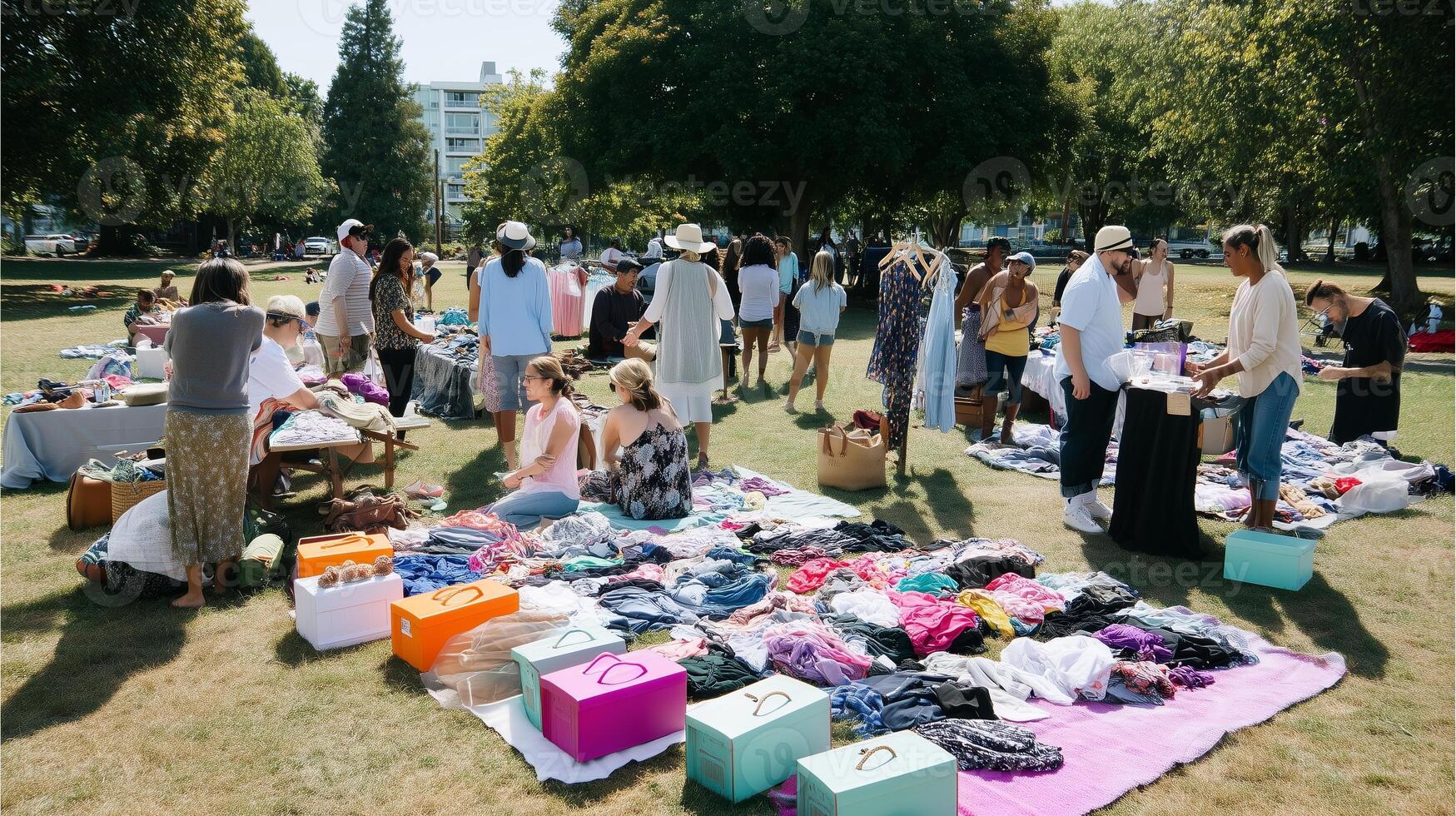 Community clothes exchange event in a park during a sunny afternoon with various vendors and shoppers photo