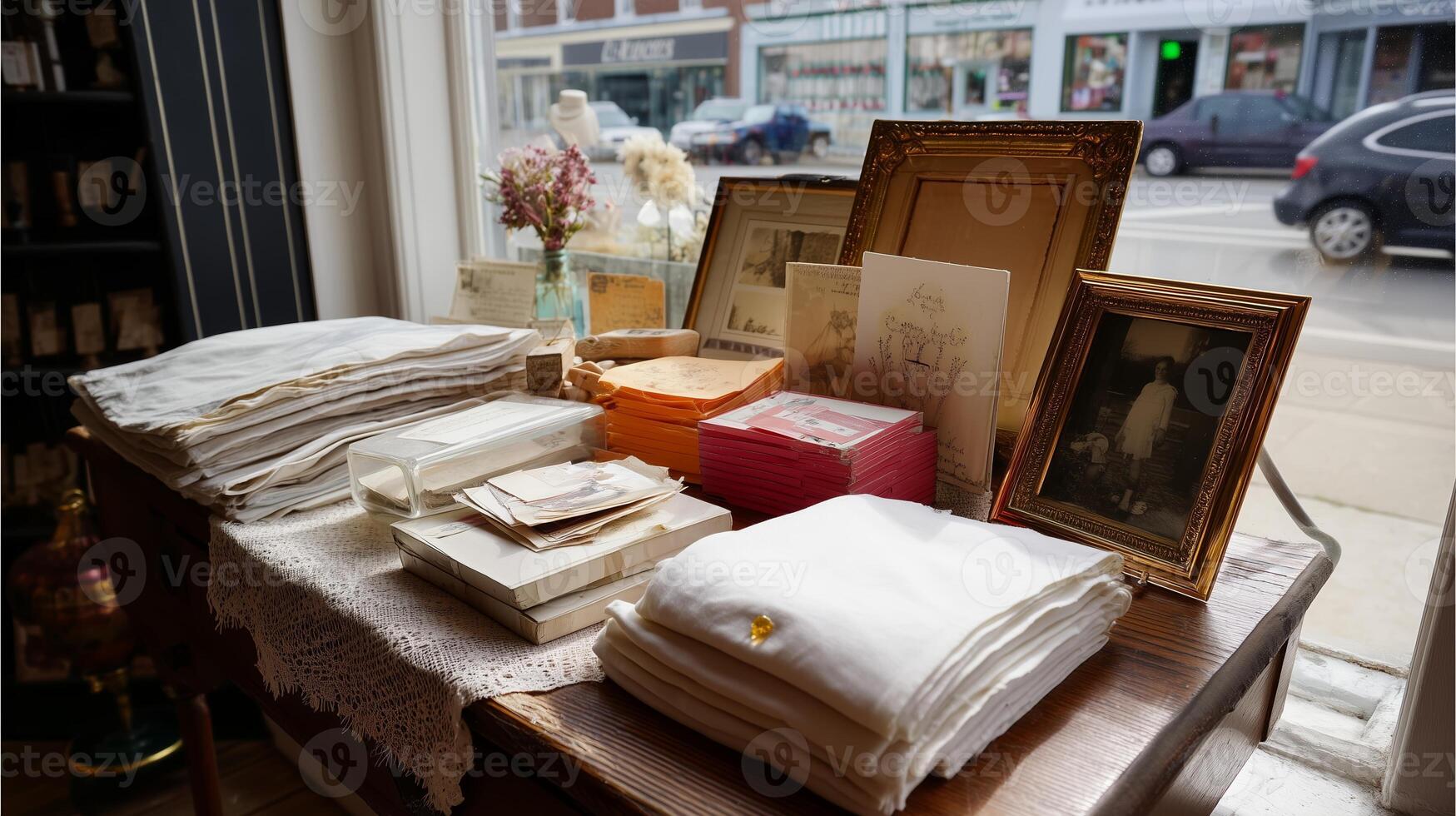 Vintage storefront display with linens, photographs, and decorative items in a quaint town setting photo