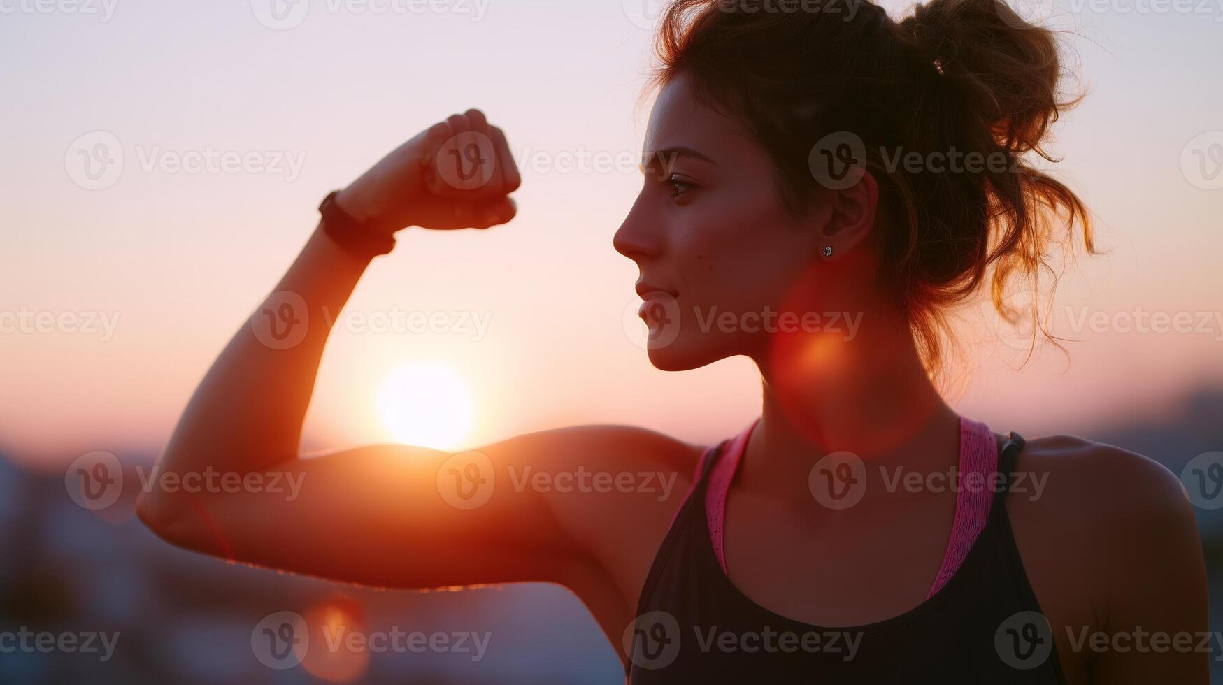 Strong woman flexes bicep against a vibrant sunset, showcasing determination and empowerment in fitness photo