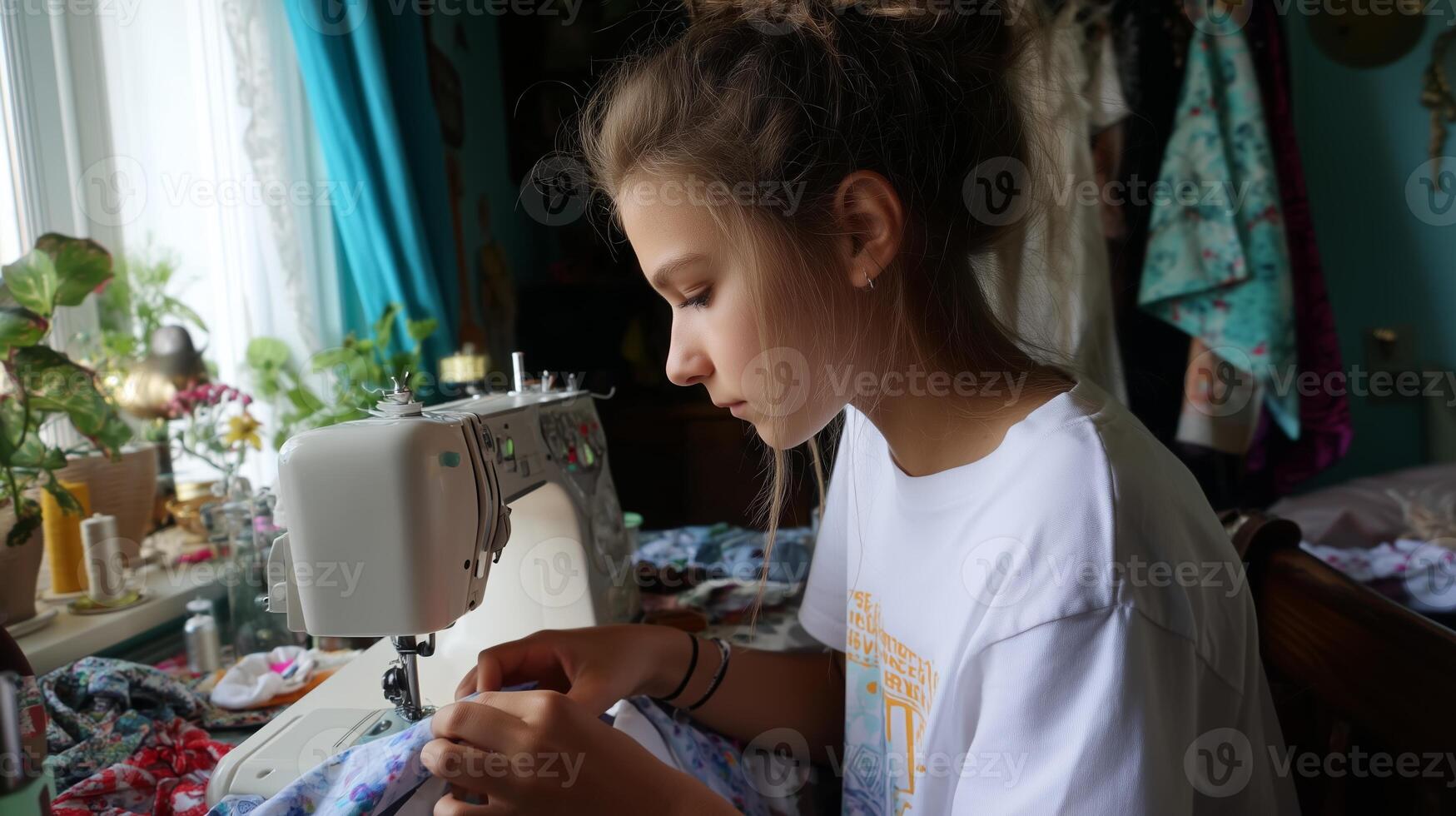 Young girl focuses on sewing fabric at home while enjoying a creative afternoon in a cozy room adorned with crafts photo