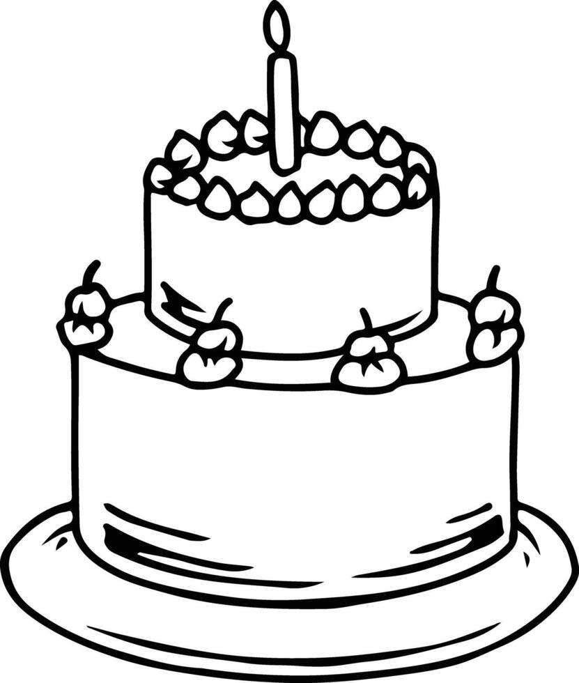 Two tier birthday cake with one candle black and white illustration vector