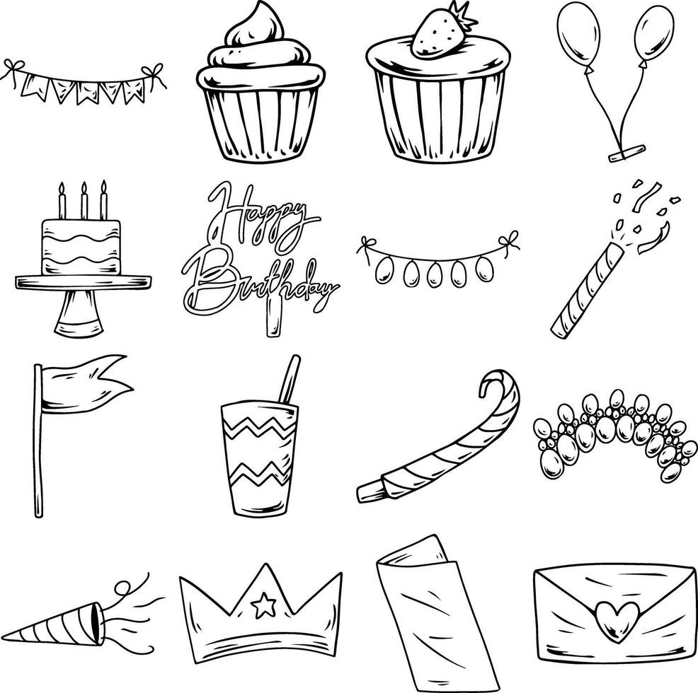 Birthday Cake and Gift Box Outline Set vector