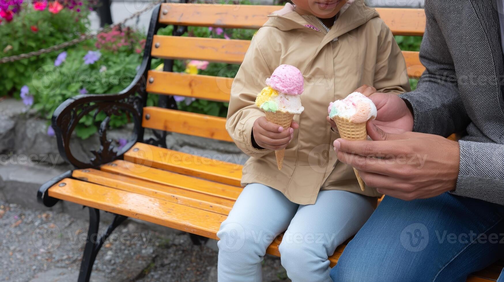 Enjoying ice cream on a park bench during a sunny afternoon in a vibrant garden setting photo