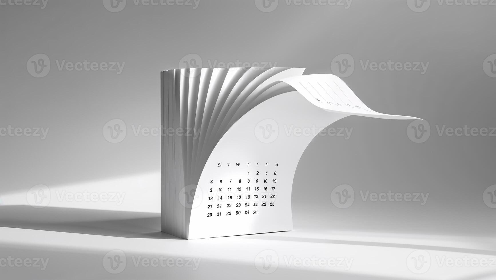 Creative desk calendar design showcasing pages turning in a stylish arrangement with a subtle gray background photo