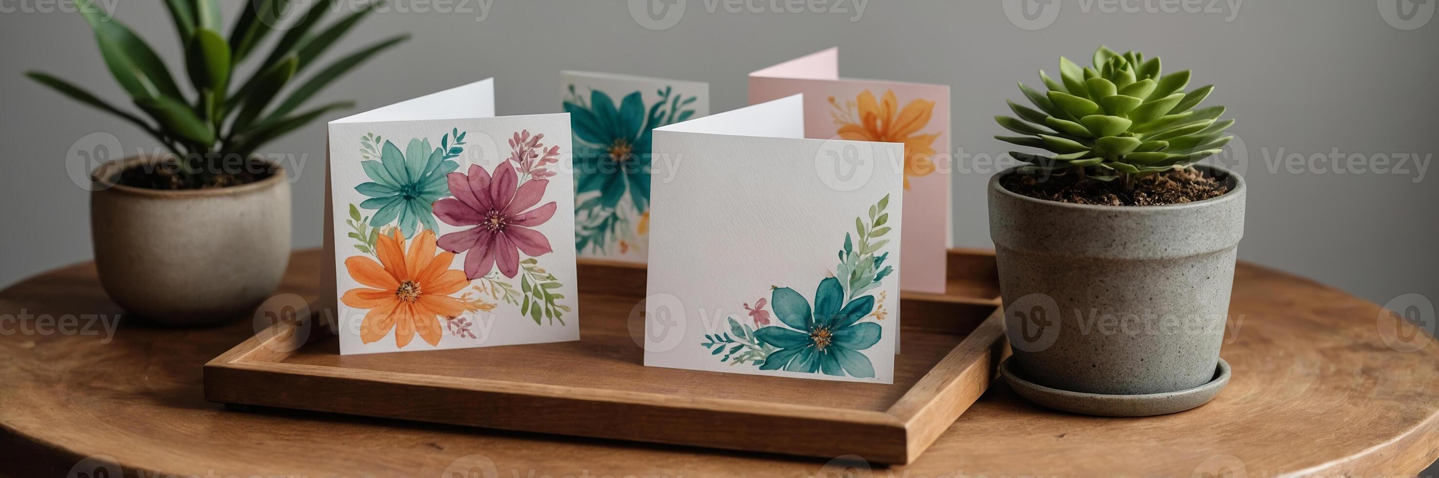 Colorful handmade greeting cards displayed on a wooden tray with potted plants in a cozy indoor setting photo