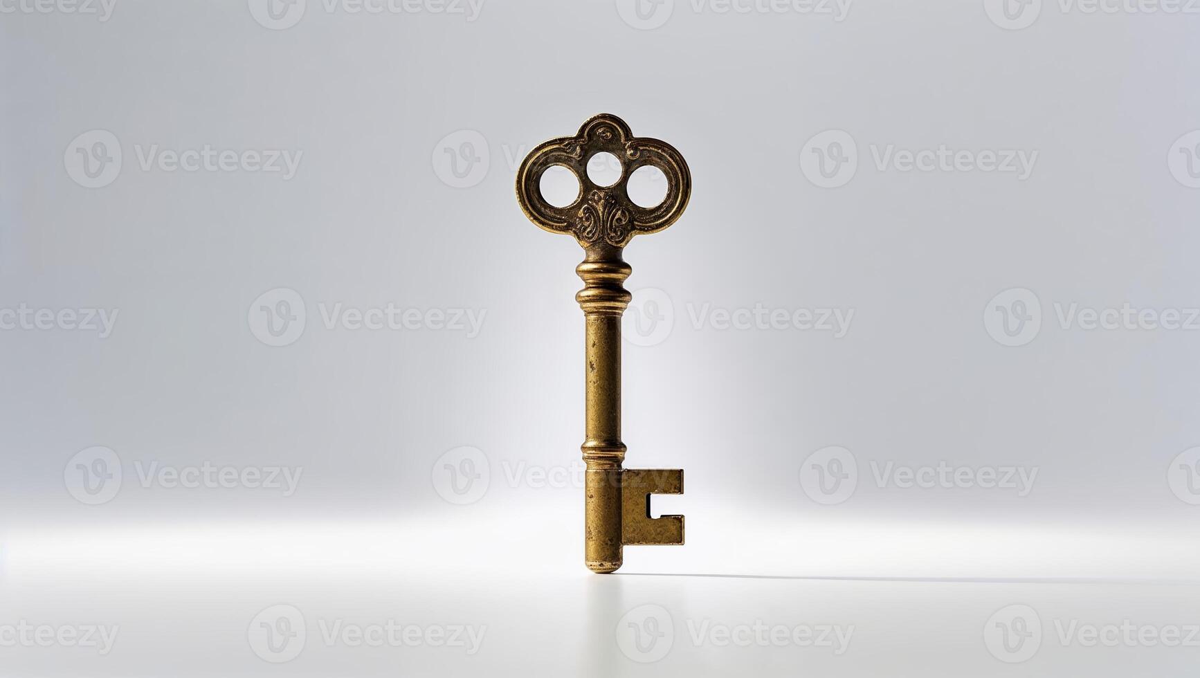Vintage brass key standing upright on a white surface with soft lighting highlighting its intricate design and texture photo